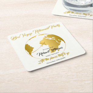 Retirement Party Golden Border Globe Bon Voyage Square Paper Coaster