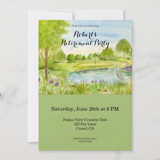 Retirement Party Golf Course with Heron  Invitation (Front)