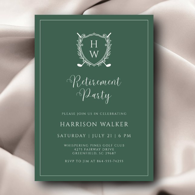 Retirement Party Golf Crest Elegant Script Sage Invitation (A refined golf club vibe with modern elegance. Custom monogram adds a personal finishing touch.)