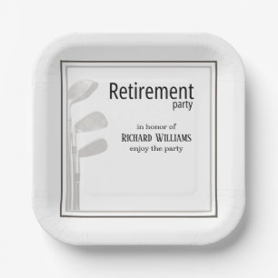 Retirement Party Golf Modern Corporate Black White Paper Plate