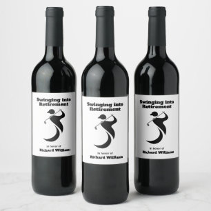 Retirement party golf player swinging modern style wine label