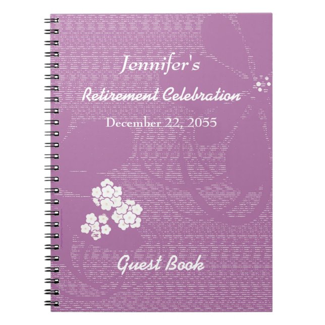 Retirement Party Guest Book Purple, White Floral (Front)