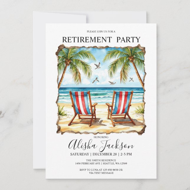 Retirement Party Invitation - Beach Loungers Ocean (Front)