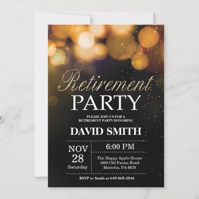 Retirement Party Invitation Black and Gold Glitter (Front)