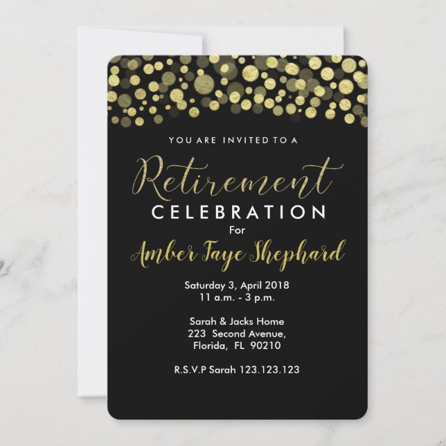 Retirement party invitation, black and gold invitation (Front)