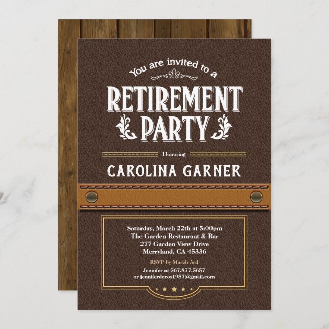 Retirement party invitation. Classy faux leather Invitation (Front/Back)