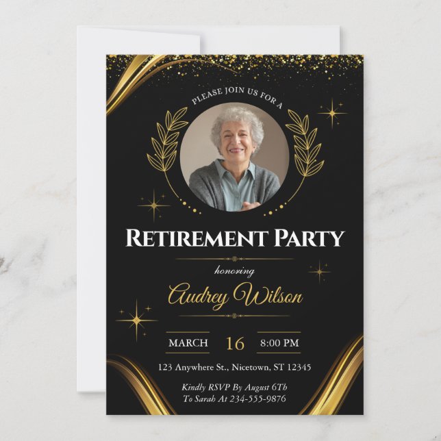 Retirement Party Invitation Elegant Black Gold (Front)