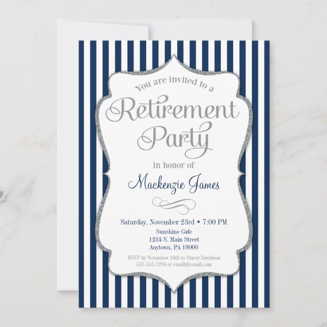 Retirement Party Invitation Navy Blue Silver Grey (Front)