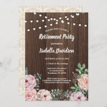Retirement party invitation. Pink rose rustic wood