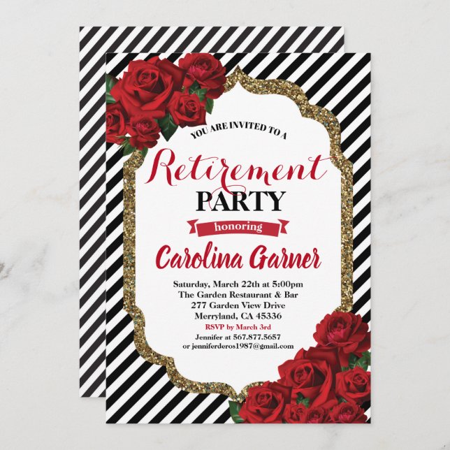 Retirement party invitation red roses and gold (Front/Back)