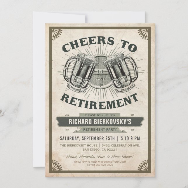 Retirement Party Invitation Vintage Cheers & Beer (Front)
