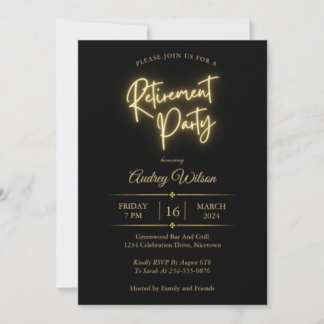 Retirement Party Invitations Minimalist Black Gold (Front)