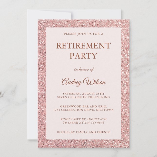 Retirement Party Invitations Rose Gold Glitter (Front)