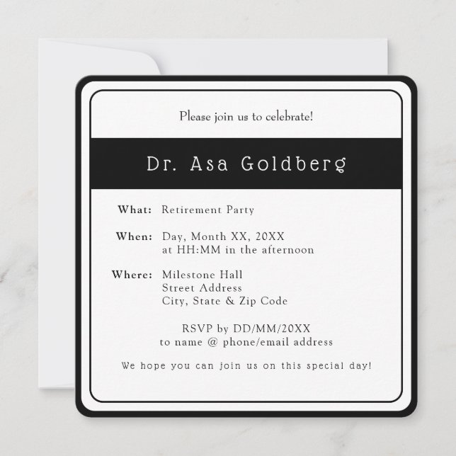 Retirement Party Invite Elegant Doctor Black White (Front)
