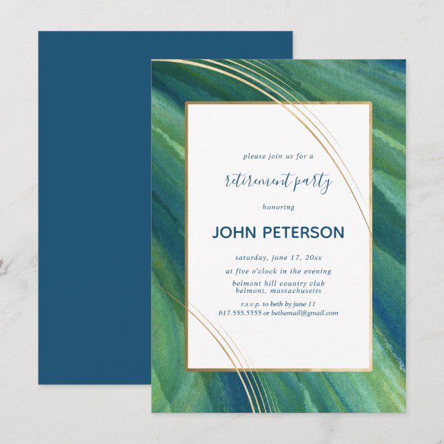 Retirement Party Invite Green, Navy, Gold Elegant (Front/Back)
