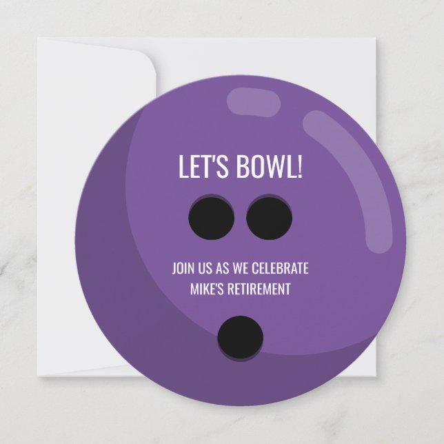 Retirement Party "Let's bowl!" Purple Bowling Ball Invitation (Front)