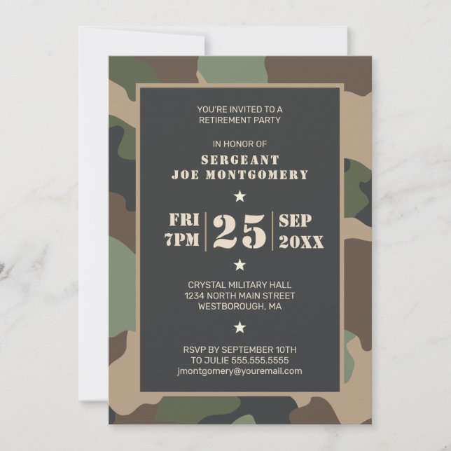Retirement Party Military Woodland Camouflage Invitation (Front)