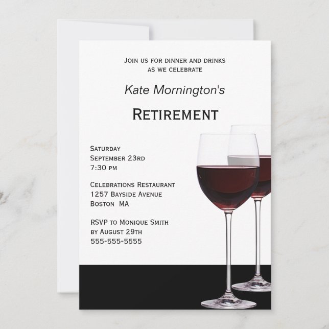 Retirement Party Modern Black and White Red Wine Invitation (Front)