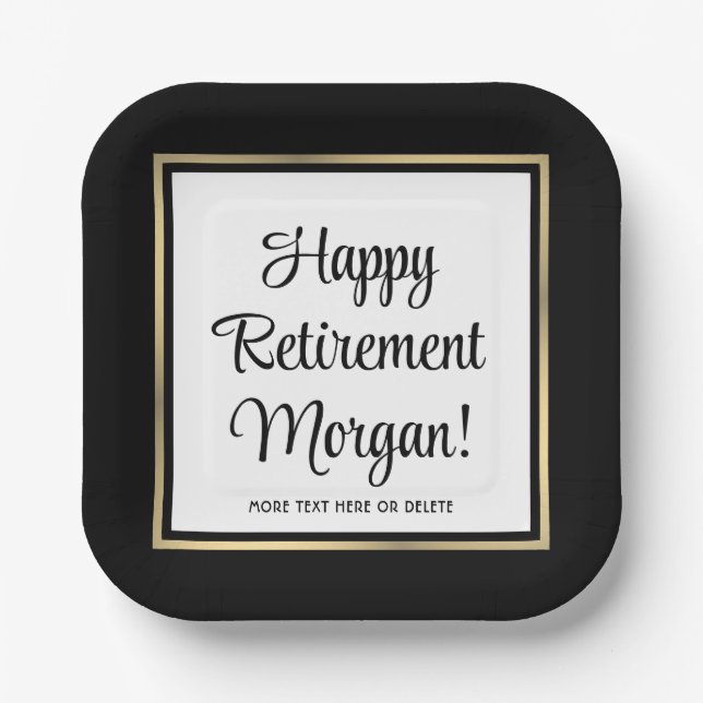 Retirement Party Modern Black, White & Gold Square Paper Plate (Front)