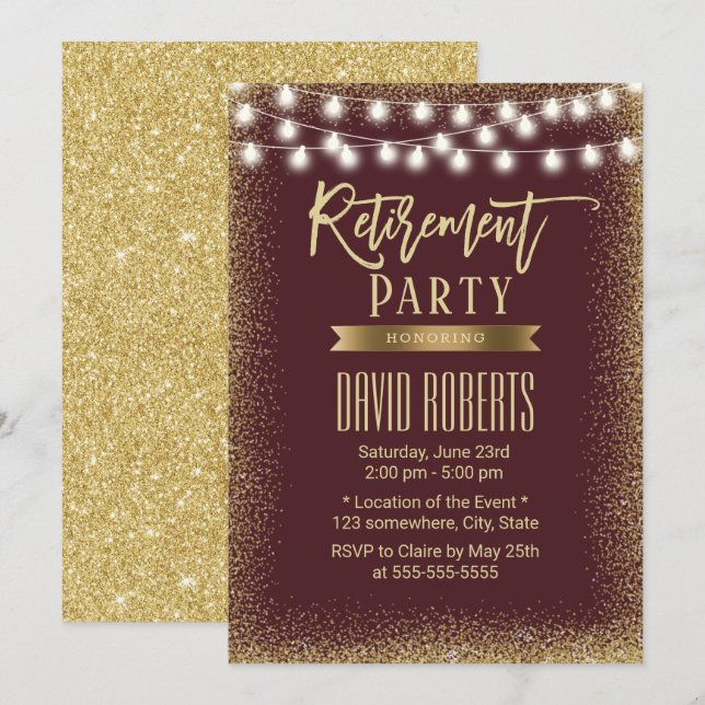 Retirement Party Modern Burgundy Red Gold Glitter Invitation (Front/Back)