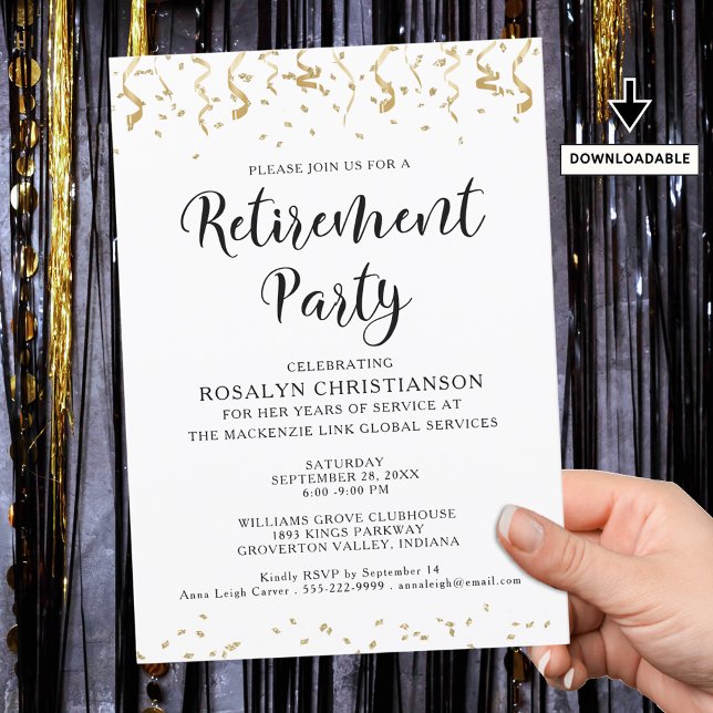 Retirement Party Modern Gold Confetti Streamers  Invitation (Creator Uploaded)