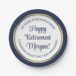 Retirement Party Modern Navy Blue, White & Gold Paper Plate