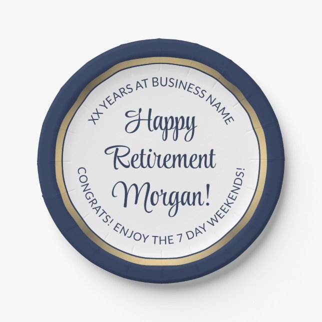 Retirement Party Modern Navy Blue, White & Gold Paper Plate (Front)