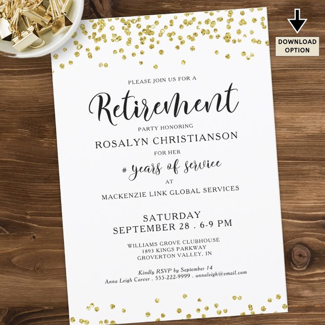 Retirement Party Modern Script Gold Confetti Invitation (Creator Uploaded)