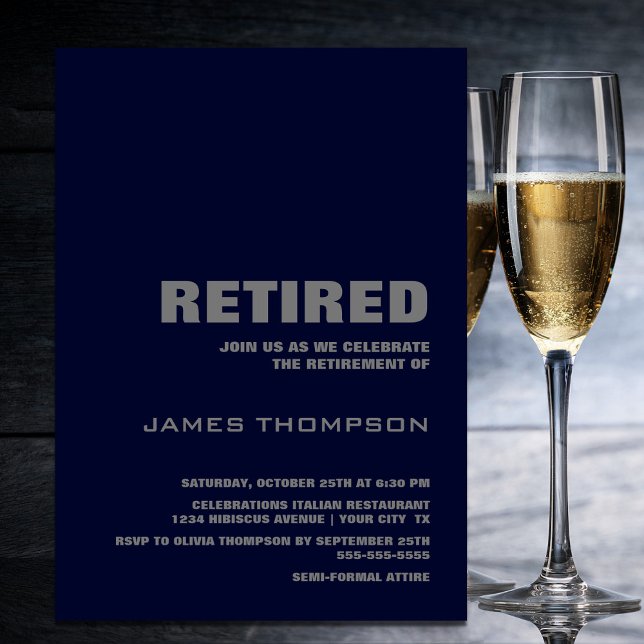 Retirement Party Modern Simple Navy Blue and Grey Invitation (Creator Uploaded)