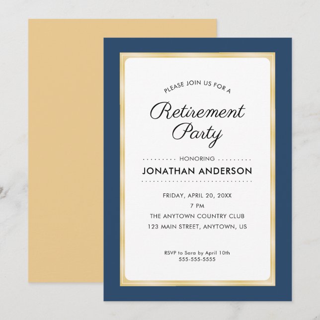 Retirement Party | Navy Blue and Gold Invitation (Front/Back)