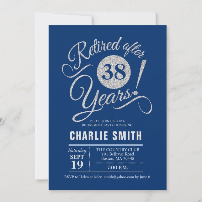 Retirement Party - Navy Blue Silver Invitation (Front)