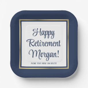 Retirement Party Navy Blue, White & Gold Square Paper Plate