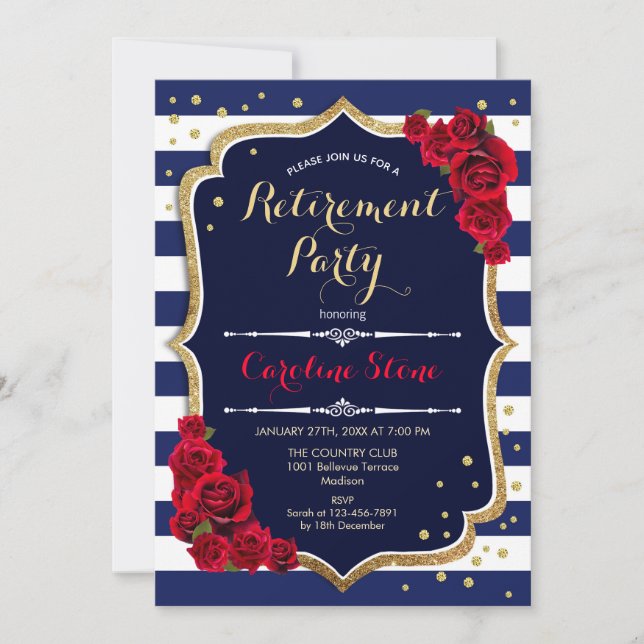 Retirement Party - Navy Blue White Stripes Roses Invitation (Front)