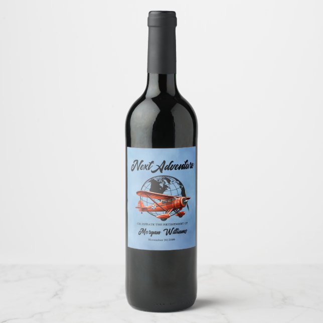 Retirement Party Next Adventure Travel Plane  Wine Label (Front)