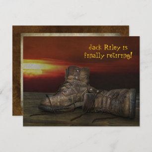 Retirement party-old boots on wood with sunset invitation
