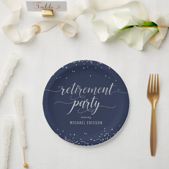 Retirement Party Paper Plate Elegant Silver, Navy (Wedding)