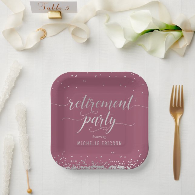 Retirement Party Paper Plate Elegant Silver, Pink (Wedding)