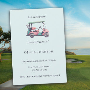 Retirement Party Pink Golf Cart Watercolor  Invitation