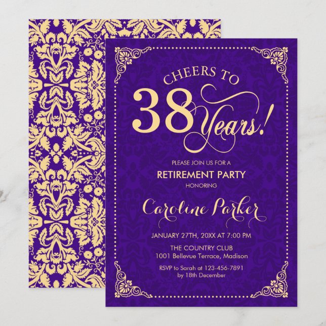 Retirement Party - Purple Gold Damask Invitation (Front/Back)