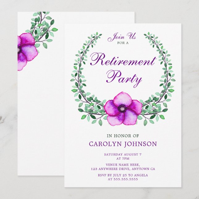 Retirement Party Purple Watercolor Floral Wreath Invitation (Front/Back)