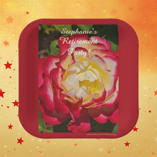 Retirement Party Red and Gold Rose Floral Macro  Paper Plate