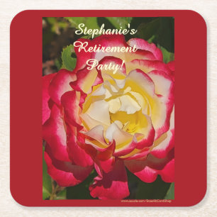 Retirement Party Red and Gold Rose Floral Macro Square Paper Coaster