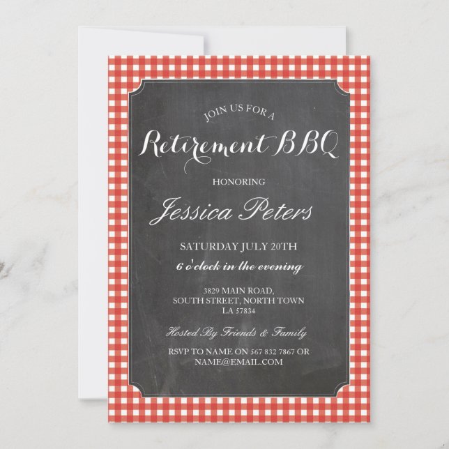 Retirement Party Red Check Rustic Chalk BBQ Invitation (Front)