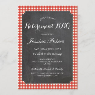 Retirement Party Red Check Rustic Chalk BBQ Invitation