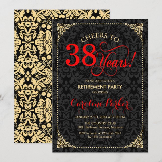 Retirement Party - Red Gold Black Damask Invitation (Front/Back)
