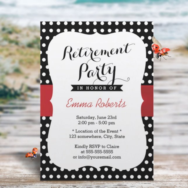 Retirement Party Red Ribbon Black White Polka Dot Invitation (Creator Uploaded)