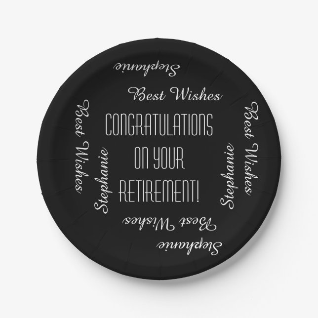 Retirement Party Repeating Names Black and White Paper Plate (Front)