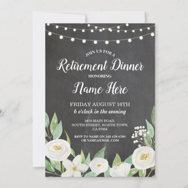 Retirement Party Retire Chalk White Flowers Invite (Front)