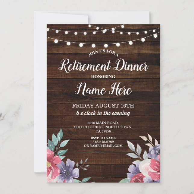 Retirement Party Retired Wood PinkFlowers Invite (Front)