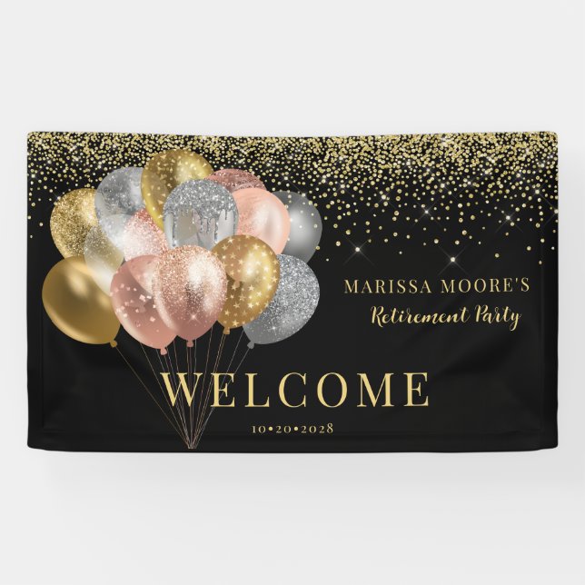 Retirement Party Rose Gold Silver Black  Banner (Horizontal)